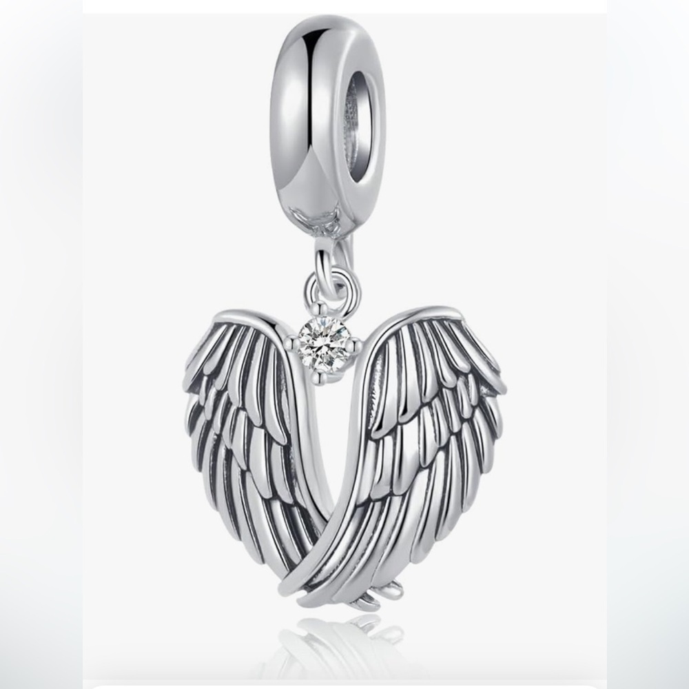 Pandora Silver Angel Wing Heart Dangle Charm with Clear Stone